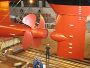 The rudder and propeller on a newly built ferry