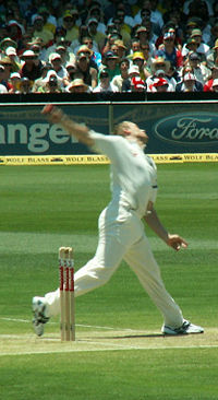 Andrew Flintoff of England bowling.