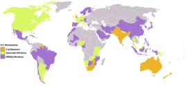 ICC member nations. The (highest level) Test playing nations are shown in orange; the associate member nations are shown in green; the affiliate member nations are shown in purple.