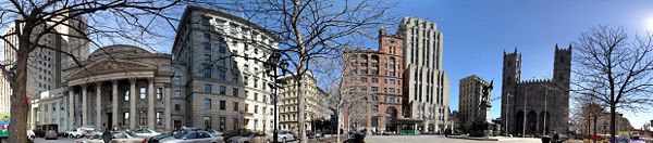 A panorama of Place d'Armes in Old Montreal