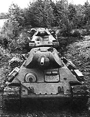 T-34 Model 1942 s ekranami (Russian for 'with screens'), with appliqué armour welded to the hull, near Leningrad, 1942