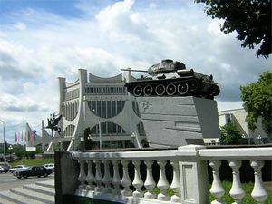 Monument to T-34 in front of theatre in Hrodno, Belarus