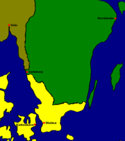 Gothenburg's location around 1600. (Sweden green, Denmark yellow, Norway brown)