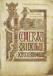 Folio 27r from the Lindisfarne Gospels contains the incipit Liber generationis of the Gospel of Matthew. Compare this page with the corresponding page from the Book of Kells (see here), especially the form of the "Lib" monogram.