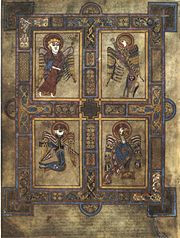 Folio 27v contains the symbols of the Four Evangelists (Clockwise from top left): a man (Matthew), a lion (Mark), an eagle (John) and an ox (Luke).
