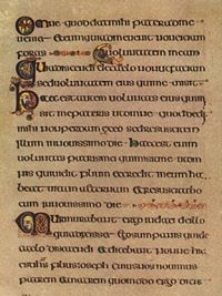 Folio 309r contains text from the Gospel of John written in Insular majuscule by the scribe known as "Hand B".
