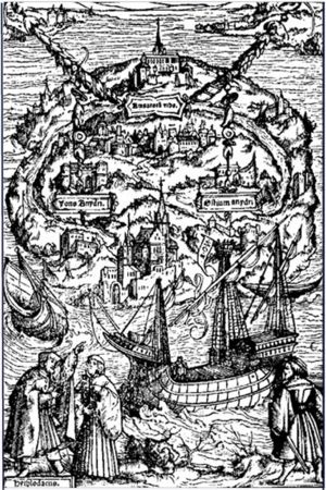 Woodcut by Ambrosius Holbein for a 1518 edition of Utopia. The traveler Raphael Hythloday is depicted in the lower left-hand corner describing to a listener the island of Utopia, whose layout is schematically shown above him.