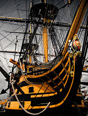 HMS Victory, Nelson's flagship at Trafalgar, is still a commissioned Royal Navy ship, although she is now permanently kept in dry-dock.