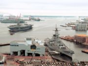 USS Wisconsin, shown moored in Norfolk, Virginia, is one of three Iowa-class battleships open to the public as museums, and was one of two maintained in the US Mothball fleet for potential reactivation.