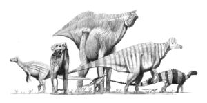 Various ornithopod dinosaurs and one heterodontosaurid. Far left: Camptosaurus, left: Iguanodon, center background: Shantungosaurus, center foreground: Dryosaurus, right: Corythosaurus, far right (small): Heterodontosaurus, far right (large) Tenontosaurus.
