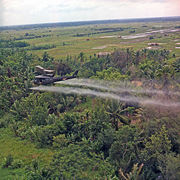 U.S. helicopter spraying chemical defoliants in the Mekong Delta, South Vietnam