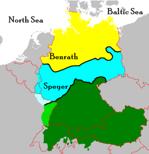High German subdivides into Upper German (green) and Central German (blue), and is distinguished from Low German (yellow).  The main isoglosses, the Benrath and Speyer lines, are marked in black.