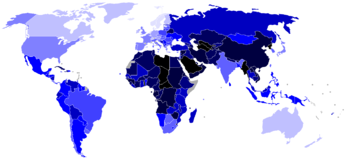 Democracy Index as published in January, 2007. The palest blue countries get a score above 9.5 out of 10 (with Sweden being the most democratic country at 9.88), while the black countries score below 2 (with North Korea being the least democratic at 1.03).