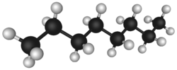 Octane, a hydrocarbon found in petroleum, lines are single bonds, black spheres are carbon, white spheres are hydrogen