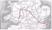 Roman Britain, with the route of Watling Street in red