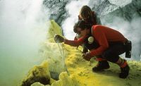 Sampling fumarole gas inside the mountain in 1981.