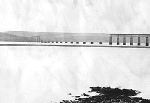 Fallen Tay Bridge from the north. When enlarged this plate shows a key design flaw in the bridge: the smaller surviving towers were supported by a continuous girder at their tops, while the fallen towers lack this essential reinforcing element. The two surviving high towers show a gap in their tops.