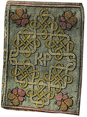 The Miroir or Glasse of the Synneful Soul, a manuscript translation from the French, by Elizabeth, aged 11, presented to Catherine Parr in 1544. The embroidered binding with the monogram KP for "Katherin Parr" is believed to have been worked by Elizabeth.