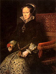 Queen Mary I, by Antonis Mor, 1554. Mary imprisoned Elizabeth in the Tower of London for suspected collaboration with the rebel Thomas Wyatt.