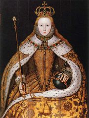 Elizabeth I in her coronation robes, patterned with Tudor roses and trimmed with ermine. She wears her hair loose, as traditional for the coronation of a queen, perhaps also as a symbol of virginity. The painting dates to the first decade of the seventeenth century and is based on a lost original.