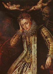 Elizabeth I, painted by an unknown artist after 1620, during the first revival of interest in her reign. Time sleeps on her right and Death looks over her left shoulder; two  putti hold the crown above her head.