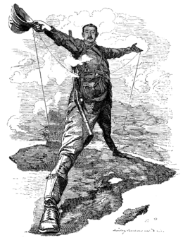 The Rhodes Colossus, a caricature of Cecil Rhodes after announcing plans for a telegraph line from Cape Town to Cairo.  For Punch by Edward Linley Sambourne.