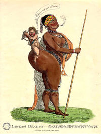 A 19th century caricature of the "Hottentot Venus". Saartje Baartman, a Khoisan woman, was exhibited naked and in a cage as a sideshow attraction in England, fueling the African Association's indignation. After her death, her genitals were dissected and cast in wax. Nelson Mandela formally requested France to return her remains, which had been kept at the Parisian Musée de l'Homme until 1974.