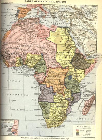 French map of Africa c. 1898 with colonial claims.  British possessions are in yellow; French possessions in pink; Belgian in orange; German in green; Portuguese in purple; independent Ethiopia in brown