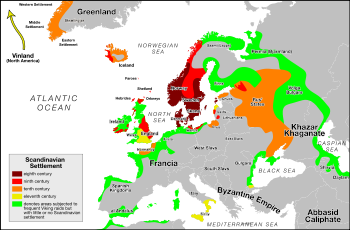 Map showing area of Scandinavian settlement in the eighth (dark red), ninth (red), tenth (orange) and eleventh (yellow) centuries. Green denotes areas subjected to frequent Viking raids.[image reference needed]