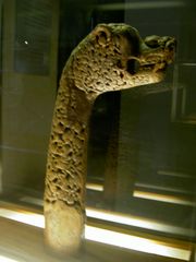 Viking ship head of dragon, has a dog's nostrils, canines, and rounded ears.