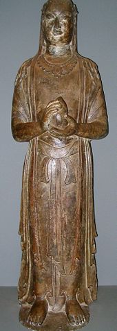 A limestone statue of the Bodhisattva, from the Northern Qi Dynasty, 570 AD, made in what is now modern Henan province.