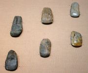Polished stone axes, excavated at Hinatabayashi B site, Shinano city, Nagano. Pre-Jōmon (Paleolithic) period, 30,000 BC. Tokyo National Museum.