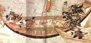 Japanese samurai boarding Mongol ships in 1281.