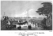 Landing of Commodore Perry, officers & men of the squadron, to meet the Imperial commissioners at Yoku-Hama (Yokohama?) July 14 1853. Lithograph by Sarony & Co., 1855, after W. Heine.