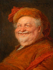 Smiling often reflects a sense of humour and amusement, shown in a painting by Eduard von Grützner.