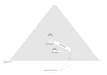 Diagram of the interior structures of the great pyramid. The inner line indicates the pyramid's present profile, the outer line indicates the original profile.