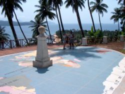 The equator marked as it crosses Ilhéu das Rolas, in São Tomé and Príncipe. The shadow points SW indicating that the Sun is several degrees North likely late April or early August about 1-2 hours before Noon.