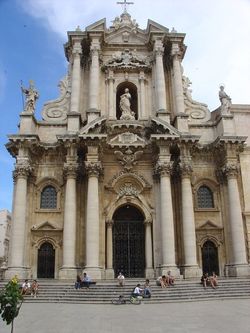 Illustration 11: Duomo in Syracuse, Andrea Palma's cathedral façade (begun in 1728). Based on the formula of a Roman triumphal arch, the broken masses within a columned façade create a theatrical effect.