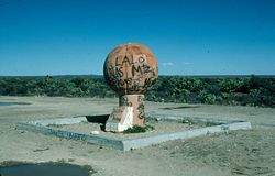 Vandalized monument marking the Tropic of Cancer northeast of Villa de Cos, Zacatecas, Mexico.