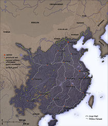 Military command centers in 1580, concentrated mostly along the seacoast, the northern border, and the southwest; major courier routes shown are based on a map from Timothy Brook's The Confusions of Pleasure.