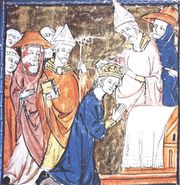 The coronation of Charlemagne depicted in the 14th century Grandes Chroniques de France