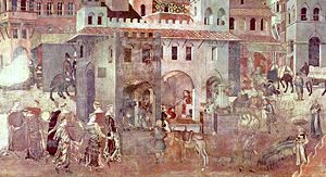 The Allegory of Good Government was painted for the town council in Siena by Ambrogio Lorenzetti