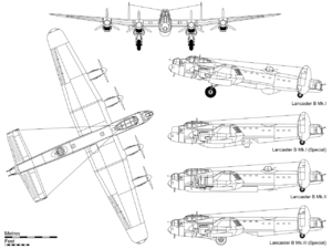 Orthographic projection of the Lancaster B Mk.I, with profiles detailing the B Mk.I (Special) with Grand Slam bomb, Hercules-powered B Mk.II with bulged bomb-bay doors and FN.64 ventral turret and the B Mk.III (Special) with the Upkeep store.