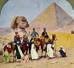 19th-century tourists in front of the Sphinx - view from South-East, Great Pyramid in background