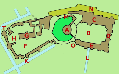 Plan of Windsor Castle. Throughout this article the letters marked in red on this plan will be used to reference locations  discussed.