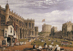 The lower ward in the 1840s. St George's Chapel is on the left and the Round Tower is centre right.