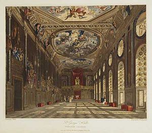 St George's Hall Windsor from W.H. Pyne's Royal Residences (1819). This shows the baroque style of the work carried out at Windsor for Charles II by architect Hugh May, painter Antonio Verrio, carver Grinling Gibbons and others. St George's Hall was redecorated in the early 19th century, but several smaller interiors from this period survive.