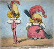 "Following the Fashion," a December 1794 caricature by James Gillray, which satirises incipient neoclassical trends in women's clothing styles, particularly the trend towards what was known at the time as "short-bodied gowns".