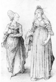 Albrecht Dürer's drawing contrasts a well turned out bourgeoise from Nuremberg (left) with her counterpart from Venice, in. The Venetian lady's high chopines make her taller.