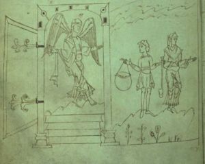 In this illustration from page 46 of the Caedmon (or Junius) manuscript, an angel is shown guarding the gates of paradise.